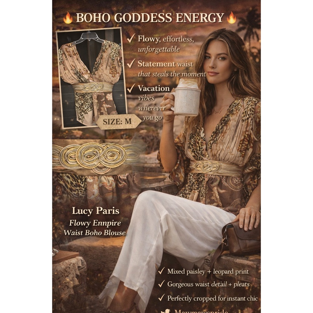 Lucy Paris Boho Empire Waist Blouse Mixed Paisley Leopard Print Gold‎ Detail M